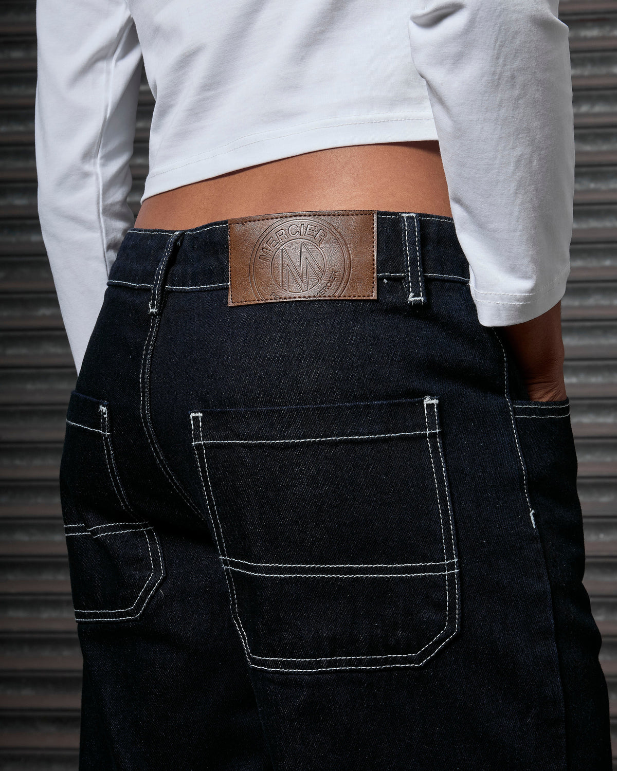 Mercier women's dark blue OG denim stitch badge jeans
